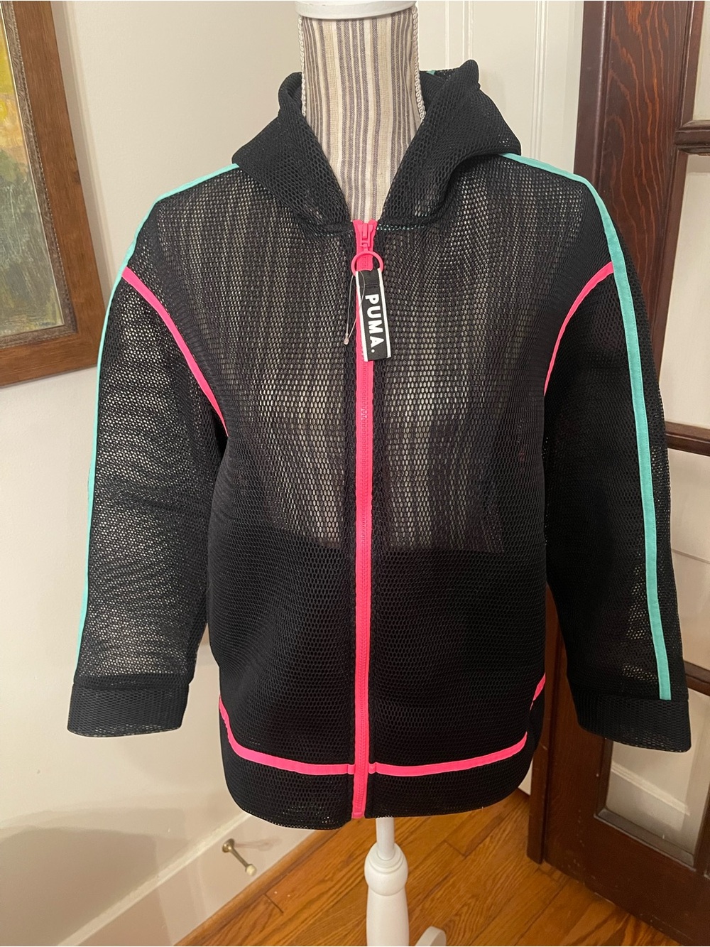 Puma Black Mesh Hoodie with Pink & Teal Accents New Without Tags